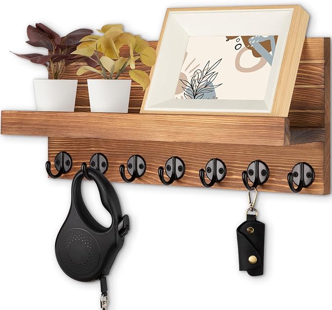 Key Holder Wall Mount, Entryway Key and Mail Holder with 7 Sturdy Hooks for Sunglasses, Dog Leash, Decorative Wall Shelf with Mounting Hardware, 15”W x 6.7”H x 4.2”D