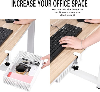 Mesh Desk Organizer and Clamp-on Swivel Pencil Drawer, Desk Hidden Desk Organizer Extra Sturdy C-Clamp Mount System and Easy to Instal, Home Office Art Supply Storage Box (White)