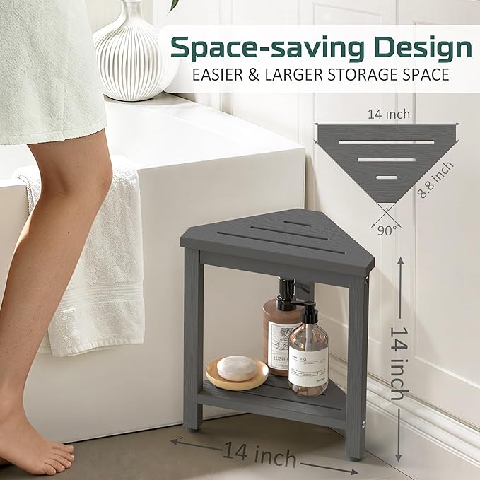 Shower Foot Rest 14in, HIPS Waterproof Shower Stool for Inside Shower, Corner Shower Stool for Shaving Legs with Storage Shelf, Shower Step Stool for Small Space, Plastic Corner Shower Bench, Grey
