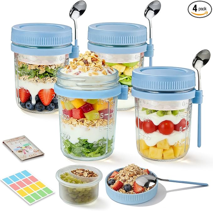 4 Pack Overnight Oats Containers with Lids and Spoons - 16 oz Glass Mason Jars with Dressing Cup, Over night Oat Jars for Meal Prep, Yogurt Parfait Cup for Chia Seed Salad (Blue)