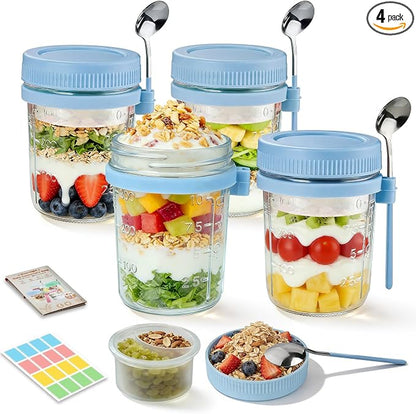 4 Pack Overnight Oats Containers with Lids and Spoons - 16 oz Glass Mason Jars with Dressing Cup, Over night Oat Jars for Meal Prep, Yogurt Parfait Cup for Chia Seed Salad (Blue)
