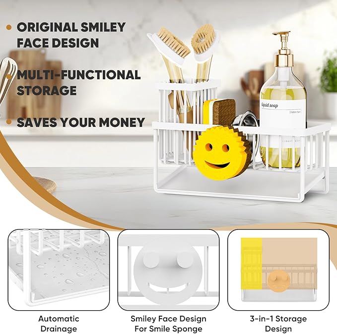 Taugast Sponge Holder for Kitchen Sink,Smiley Face Sink Caddy with Removable Brush Holder,Self-Draining Sponge Caddy for Soap,Dish Brush,Scrubber,Kitchen Essentials and Gadgets-White