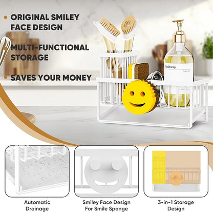 Taugast Sponge Holder for Kitchen Sink,Smiley Face Sink Caddy with Removable Brush Holder,Self-Draining Sponge Caddy for Soap,Dish Brush,Scrubber,Kitchen Essentials and Gadgets-White