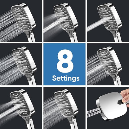 High Pressure Shower Head with Handheld,8 Modes,Heat-Resistant Premium ABS Material,Anti-clog Nozzles,Built-in Power Wash to Clean Tub,Tile & Pets,59″ SUS 304 Hose & Thickened Bracket,Silver