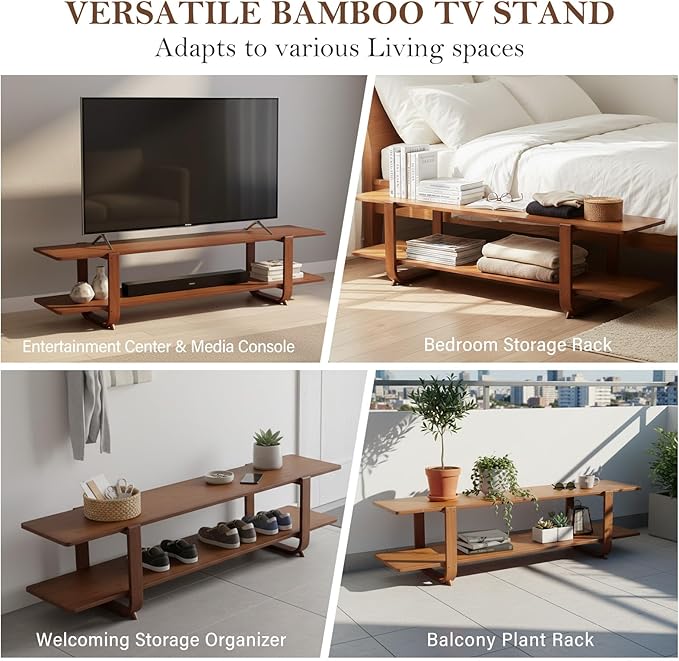 Tiita TV Stand with Storage for TVs up to 65'', Bamboo TV Console Entertainment Center with 2 Open Shelf, Mid Century Modern Media Console for Living Room, Bedroom, Walnut