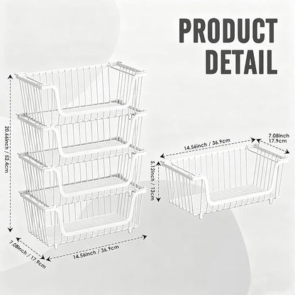 GAOKASE 4 Pcs Stackable Wire Baskets for Pantry Organizers and Storage,Vegetable Fruit Basket for Countertop,Kitchen Storage Metal Baskets,Produce Potato Onion Storage Bin,White