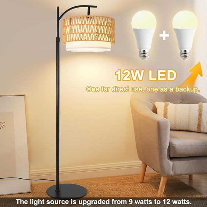 Bohemian Rattan Floor Lamp for Living Room - Black Arc Design, 12W LED (1 in use + 1 Spare), Remote & Dimmable 3 - Color Temp, Tall Standing Lamp
