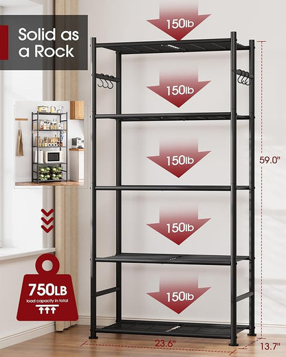 Sakugi Storage Shelves - 5-Tier Large Capacity Shelf Organizer with Hooks, Heavy-Duty Garage Shelving with Leveling Feet, Wobble-Free Rack for Bedroom, Balcony, Garage, 23.6"×13.7"×59", White