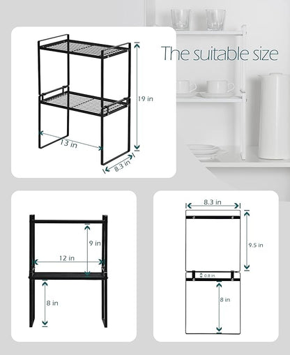 Shantton 2pk Kitchen Cabinet Shelf Counter Organizer Rack Pantry Storage Bathroom Bedroom Office Table Desk Space Saving Steel Frame Stackable Rust Resistant Non Slip Black-Tall-L13in W8.3in H9.5in