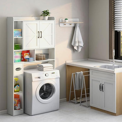 Over The Toilet Storage Cabinet, Farmhouse Storage Cabinet Over Toilet with 2 Barn Door & Toilet Paper Holder Stand, Home Space-Saving Rack, for Bathroom, Restroom (White).