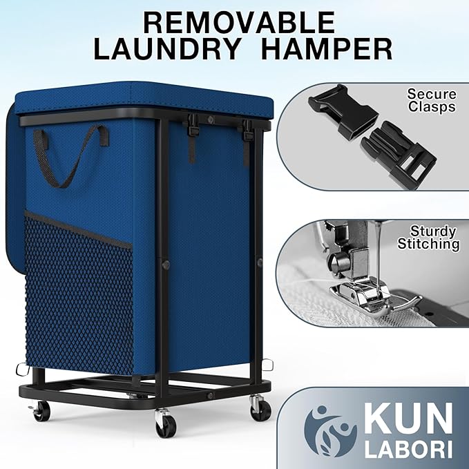 40 Gal(150L) Laundry Basket with Lid, Rolling Laundry Hamper with Wheels, Dirty Clothes Hamper with Metal Frame and Removable Bag Design, Suitable for Laundry Room, Bedroom (Dark Blue, 150L)