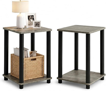 Furinno Turn-N-Tube Toolless Assembly Side Table Set of 2, Stackable 2-Tier Grey End Table with Open Shelf, Night Stand, Bedside Table, for Living Room, Bedroom, Grey Oak