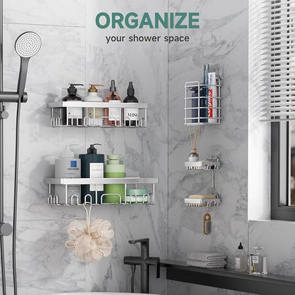 Veken Adhesive Shower Caddy 5-Pack,Heavy Weight Bearing,Large Wall Mounted Shower Shelves Rack,Organizer Storage Accessories with Soap Dish&Toothbrush Holder,Ideal for Bathroom,Home&Kitchen,Silver