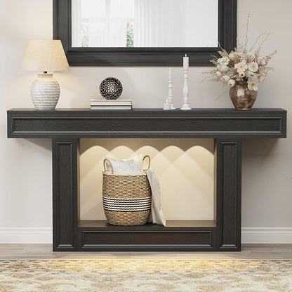 Rresyet 63" Console Table, 2-Tier Entryway Table with Sensor Lights, Coffee Table Behind The Sofa, with U-Shaped Base Suitable for Entryways, Living Rooms, Corridors, and Foyers(Black)
