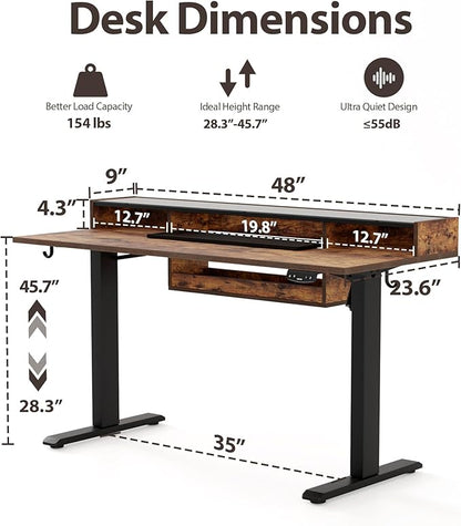 Agilestic Glass Standing Desk with Storage, 48 Inch Electric Adjustable Desk with Glass Shelf and Cable Management, Sit Stand Up Home Office Computer Table, Splice Board, Rustic Brown