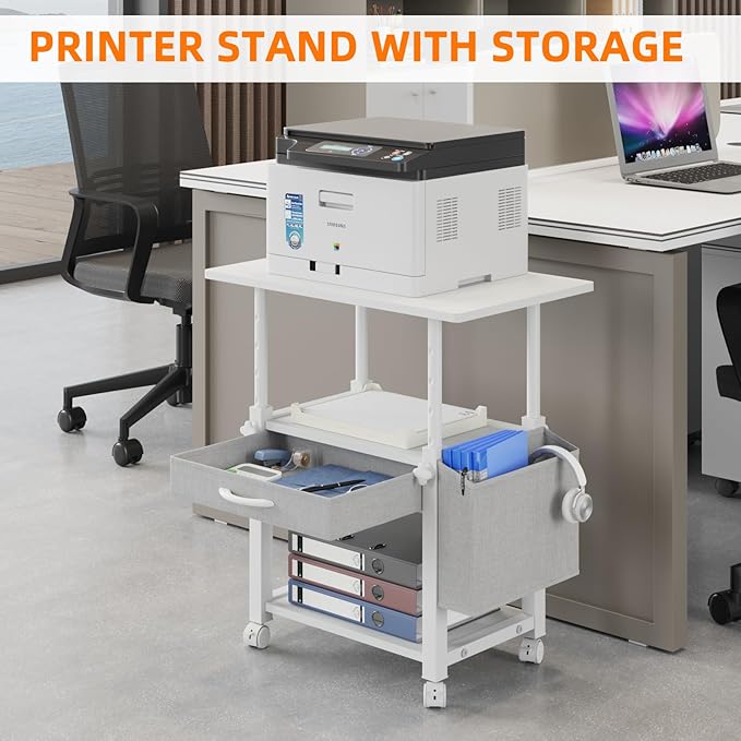 YAOHUOO 22"x15" Large Printer Stand with Drawer, 3-Tier Rolling Table Cart | Storage Drawer and Side Bag,Height Adjustable Cart,Fit printer/fax/3d/scanner,4 lock wheels or feet,White