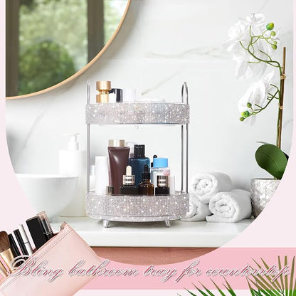 Honeydak 360 Rotating Perfume Organizer Gift for Women, Rhinestone Preppy Skincare Organizer Bathroom Counter Makeup Holder Skincare and Perfume Storage for Cosmetic(2 Tiers,Rhinestone,White)