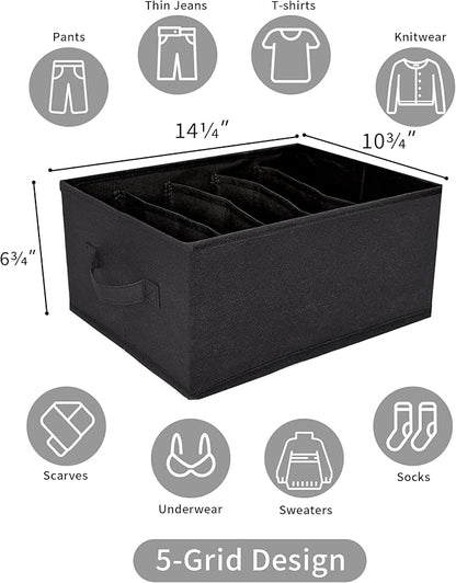 GRANNY SAYS 5-Grid Drawer Organizer: Storage Bins for T-Shirts, Pants, Sweaters & Scarves - Black Clothes Storage & Divider Sets (4-Pack)