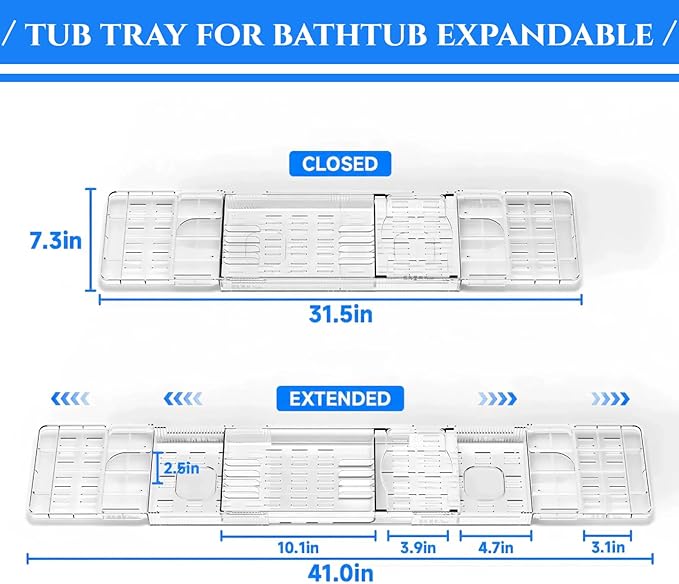 Expandable Acrylic Bathtub Tray for Tub, Bath Caddy Tray Table for Bathtub, Adjustable from 31.5 to 41 inch, Bathtub Rack fits Most Bathtubs and Bathroom Décor, Bath Tub Shelf Accessories for Women