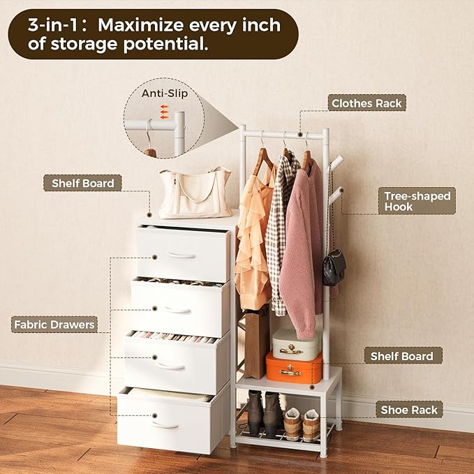 KKL Small Dresser for Bedroom with Clothes Hanging Rack, Reversible Bedroom Dresser with Shoe Rack & 4 Fabric Drawers, 3-in-1 Storage Chest of Drawers with Storage Shelves & Tree Hooks, White