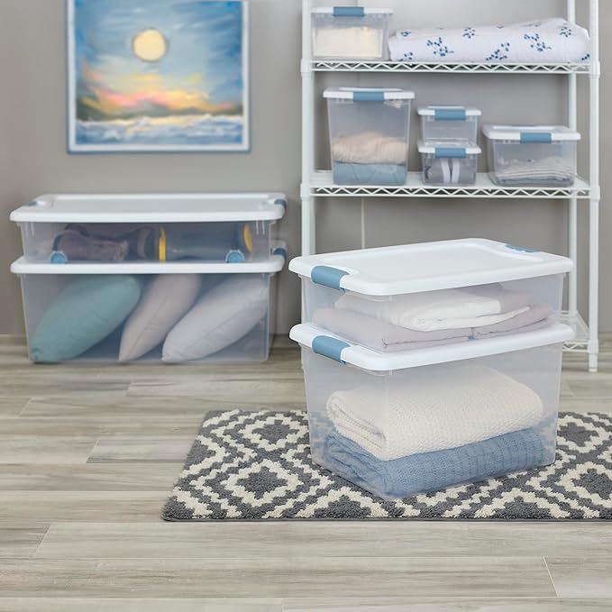 Sterilite 8-Pack Wheeled Latching Box, Plastic Under Bed Storage Bins with Lids, 56 Quart - Large Clear Stackable Tote Organizer Containers for Closet, Bedroom, Bathroom, and Office Organization