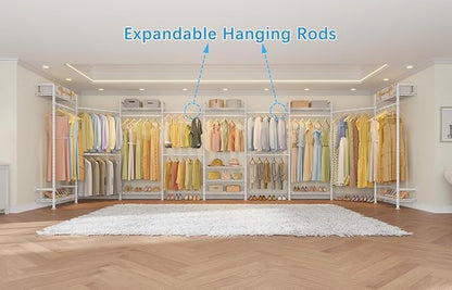 Timate L4 L Shape Garment Rack Heavy Duty Clothes Racks for Hanging Clothes, Expandable Industrial Pipe Clothing Rack Wall Mounted Closet Organizer Large Wardrobe Closet Kit Corner Closet System White