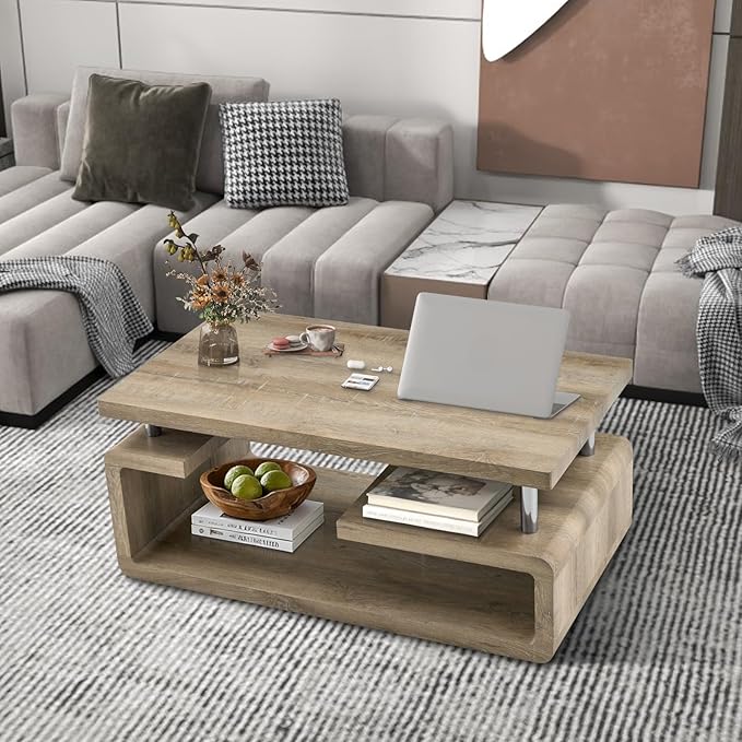 43.5" Coffee Table, 3-Tier Modern Center Table with Storage, Large Wood Coffee Table for Living Room, Office, Apartment (Retro Wood Grain)