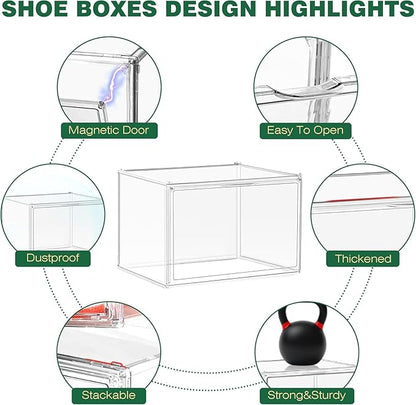 6 Pack X-Large Acrylic Display Case, Size 14 Clear Shoe Box Stackable Sneaker Display Case with Magnetic Lid Multipurpose Storage Bin for Closet for Purses, Handbags, Cosmetics, Collectibles