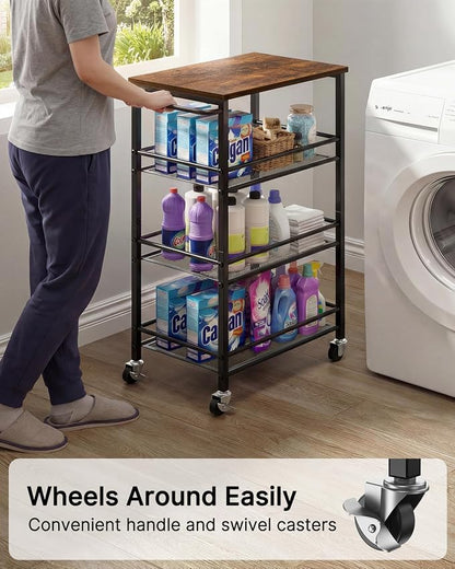 Pipishell Slim Storage Cart with Wheels, 4 Tier Rolling Bathroom Storage Cart with Handle and Wood Top, Metal Slim Kitchen Cart for Laundry Room, Bathroom, Kitchen, Narrow Space, Black & Rustic Brown