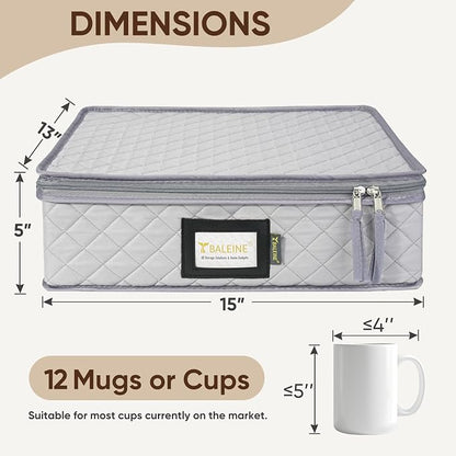 BALEINE China Storage Containers, Sturdy Quilted Wine Glass Storage, Plate Organizer with Carry Handles, Moving Boxes for Dishes, Cups, Mugs and Stemware (Mug Storage, Soft Shell Grey)