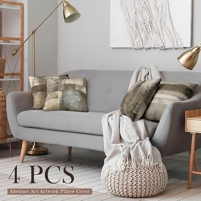 Brown Tan and Gray Set of 4 18 x 18 Inch Throw Pillow Covers,Taupe Modern Art Abstract Painting Home Decor Couch Pillow Covers Neutral Decorative for Sofa Bedroom Living Room