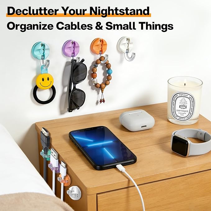 8 Pack Magnetic Cable Clips, Adhesive Cord Organizer 360° Rotatable, Desk Cable Management, Wire Holder Keeper for Nightstand, Wall, Desktop, Office, Home, Car(4 Colors)