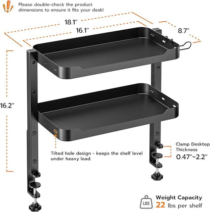 ARES WING 2-Tier Clamp On Desk Shelf, 16 inch Adjustable Above or Under Desk Storage Shelves Holds 44 lbs, Heavy Duty Desktop Organizer with Headphone Holder for Working and Gaming Accessories, Black