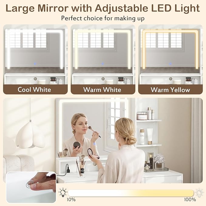 CHARMAID Vanity Desk with LED Mirror and Lights, Charging Station, 4 Drawers, Storage Cabinet & Shelves, Hair Dryer Holder, Modern Makeup Dressing Table with Stool for Bedroom, White & Gold