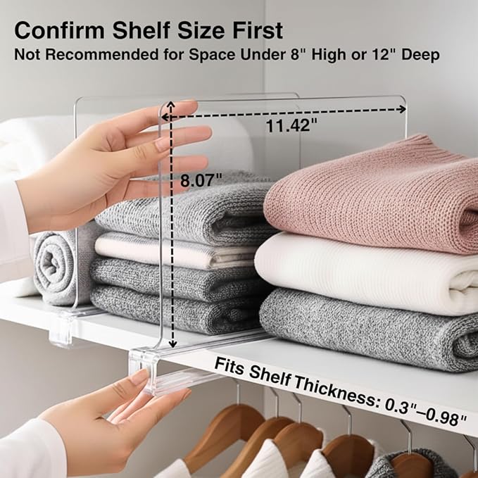 Shelf Dividers Purse Organizer for Closet: 6-pack Acrylic Bag Storage Organizer for Handbags, Clutches, Clothes, Sweater, Towel on Wood Shelves