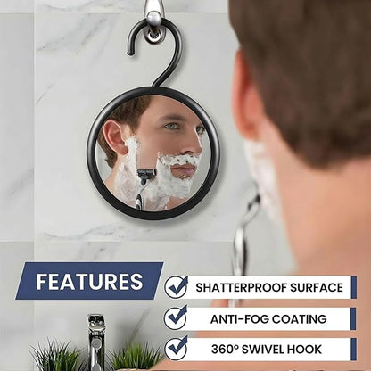 MIRRORVANA Hangable Round Fogless Shower Shaving Mirror with 360° Swivel Rotatable Hook for Hanging and Bonus Anti-Fog Spray - Anti Fog and Shatterproof Surface, 6.7" Diameter (Black)