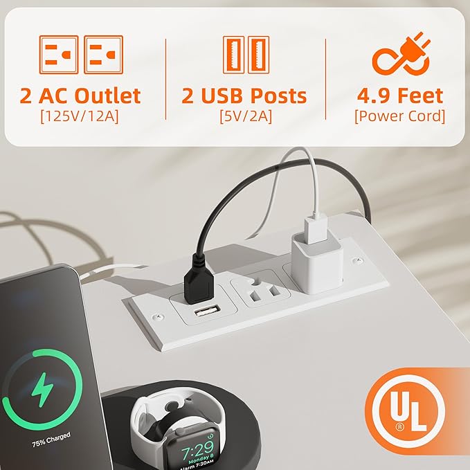 49.2“W Dresser with 2 Hanging Racks, 5 Drawers Dresser with LED Lights & Charging Station, Dressers TV Stand with Clothes Rack, Shoe Racks and Side Hooks, Chest of Drawers for Bedroom, White