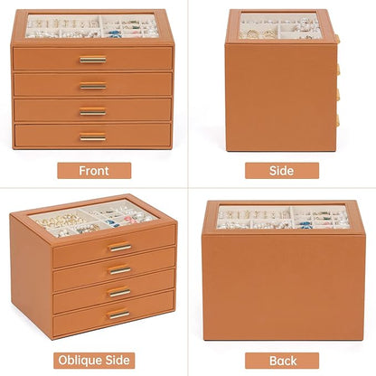 AKOZLIN Jewelry Box with Clear Lid Functional Leather Jewelry Storage Organizer Case 4 Drawers for Women Girls Necklace Ring Bracelet Earring Orange