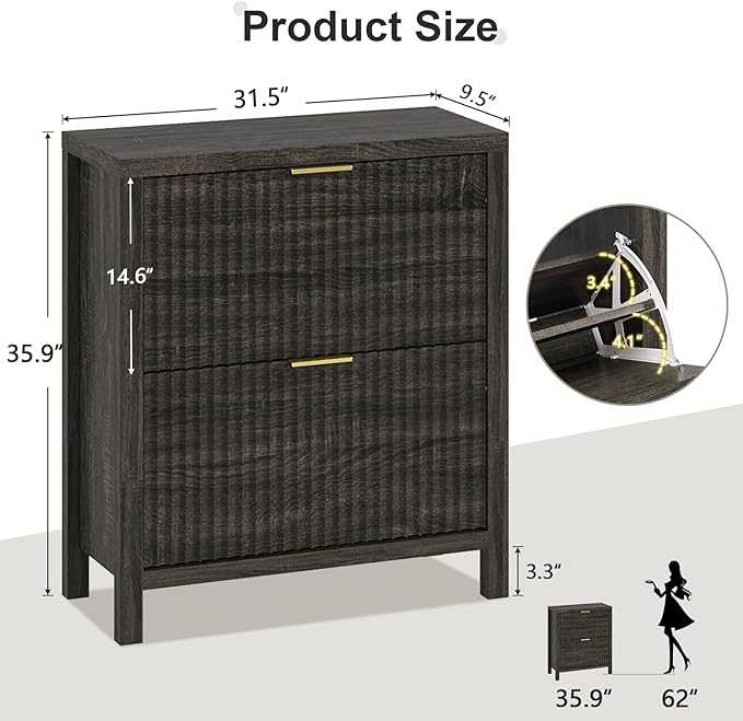 Shoe Cabinet Storage for Entryway, Fluted Shoe Cabinet with 2 Flip Drawers, Hidden Shoe Rack Tall Freestanding Shoe Organizer with Legs for Hallway, Dark Gray
