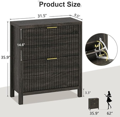 Shoe Cabinet Storage for Entryway, Fluted Shoe Cabinet with 2 Flip Drawers, Hidden Shoe Rack Tall Freestanding Shoe Organizer with Legs for Hallway, Dark Gray