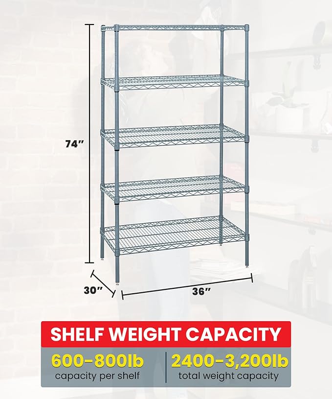 Quantum Storage Systems WR74-3036GY-5 Wire Shelving 5 Shelf Starter Units, 30" x 36" x 74", Gray Epoxy