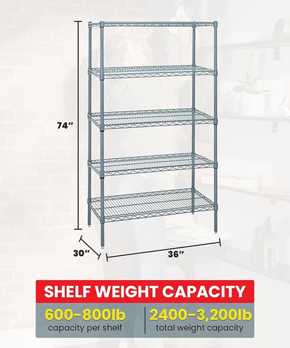Quantum Storage Systems WR74-3036GY-5 Wire Shelving 5 Shelf Starter Units, 30" x 36" x 74", Gray Epoxy