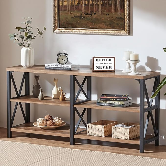 IBF Farmhouse Entryway Table, Rustic Long Console Table Behind Couch, Modern Metal Wooden Sofa Table with Storage Shelves, 3 Tier Foyer Hallway Table for Livingroom, Rustic Oak,63 in
