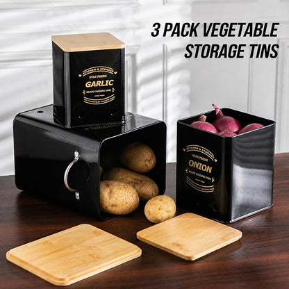 Potato Onion and Garlic Storage Bin Set of 3, Metal Kitchen Vegetable Canisters with Bamboo Lid and Aerating Holes, Stackable Kitchen Storage Tin for Countertop Pantry
