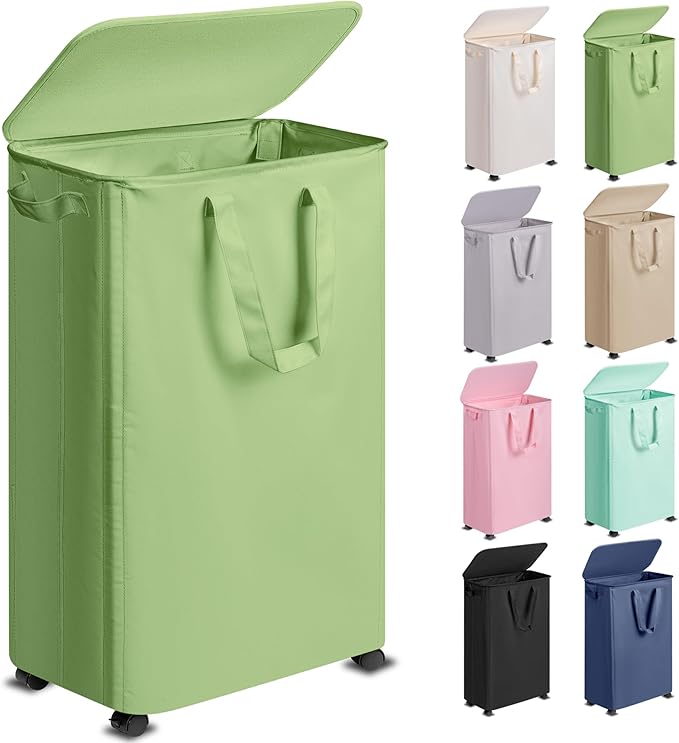 Vincona Slim Laundry Hamper with Lid and Wheels, Small Rolling Laundry Basket with Handle for Small Spaces, Tall Dirty Clothes Hampers for Dorm, Bathroom and Bedroom, 75L Sage Green