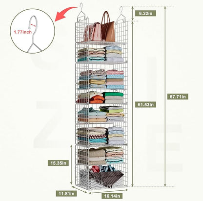 X-cosrack 8-Tier Closet Hanging Organizer Shelf - Hanging Clothes Organizer Shelves, Metal & Foldable Hanging Closet Organizer Baskets with Adjustable Dividers for Clothing Sweaters Shoes Handbags