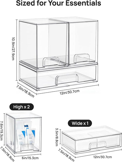 Vtopmart Stackable Storage Drawers Set of 3, Clear Plastic Organizer Bins for Bathroom Supplies, Ideal for Cabinet,Shelf, Pantry, Laundry Room Organization