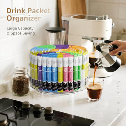 Divided Drink Packet Organizer, Largr Rotating Clear Lazy Susan Turntable for Powdered Drink Mix, Water Drink Packet Holder, Water Flavor Packet, Coffee, Tea – Space-Saving Countertop Organizer