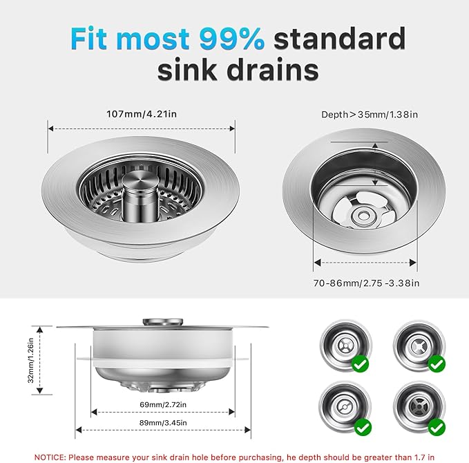 1S-Install Upgraded Kitchen Sink Strainer & Stopper – Pop-Up Fast Drain, Anti-Clog Basket & Deodorizing Cover – Fits US Standard 3.5 in Drain, 3 in 1 Stainless Steel Sink Drain Strainer (Snow)