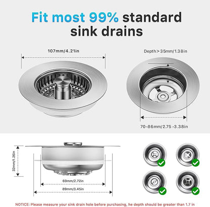 1S-Install Upgraded Kitchen Sink Strainer & Stopper – Pop-Up Fast Drain, Anti-Clog Basket & Deodorizing Cover – Fits US Standard 3.5 in Drain, 3 in 1 Stainless Steel Sink Drain Strainer (Snow)